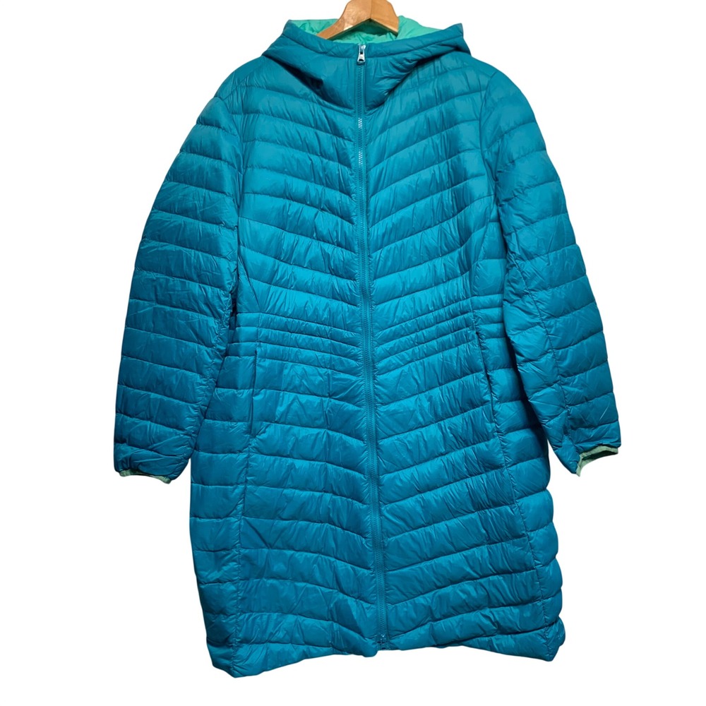 Lands End Puffer Coat 1X Teal Blue Long Down Hooded Quilted Jacket Gorpcore Warm